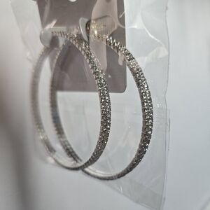 New! Never Used Silver With Shinny Rhinestones Hoop Earrings